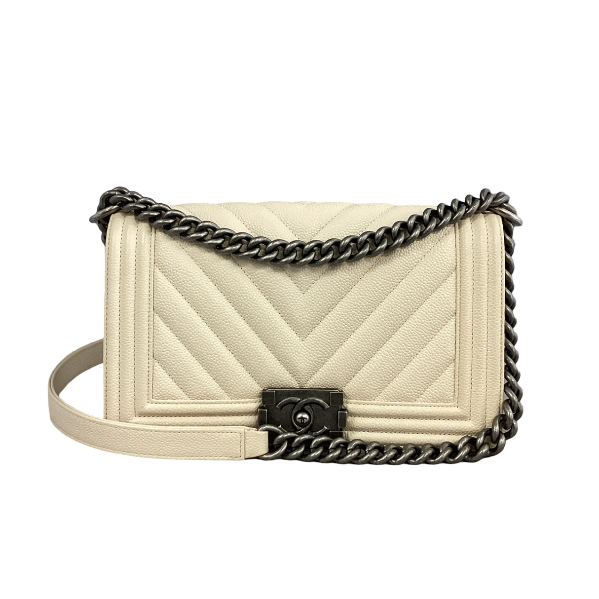 Chanel-Off White Caviar Boy Bag Medium