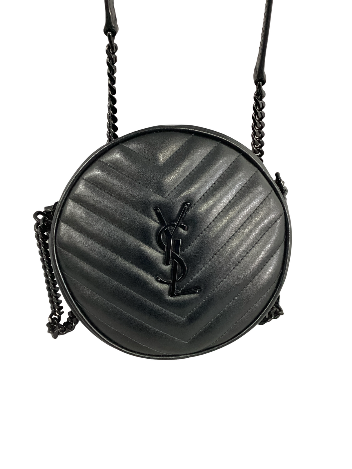 Yves Saint Laurent (YSL) Black Chevron Quilted Vinyl Round Camera Bag