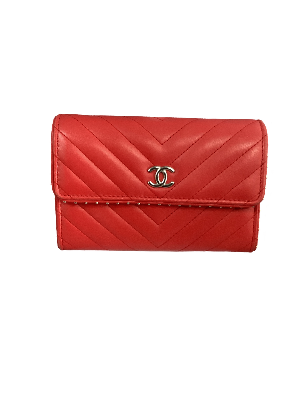 Chanel Red Studded Compact Flap Wallet