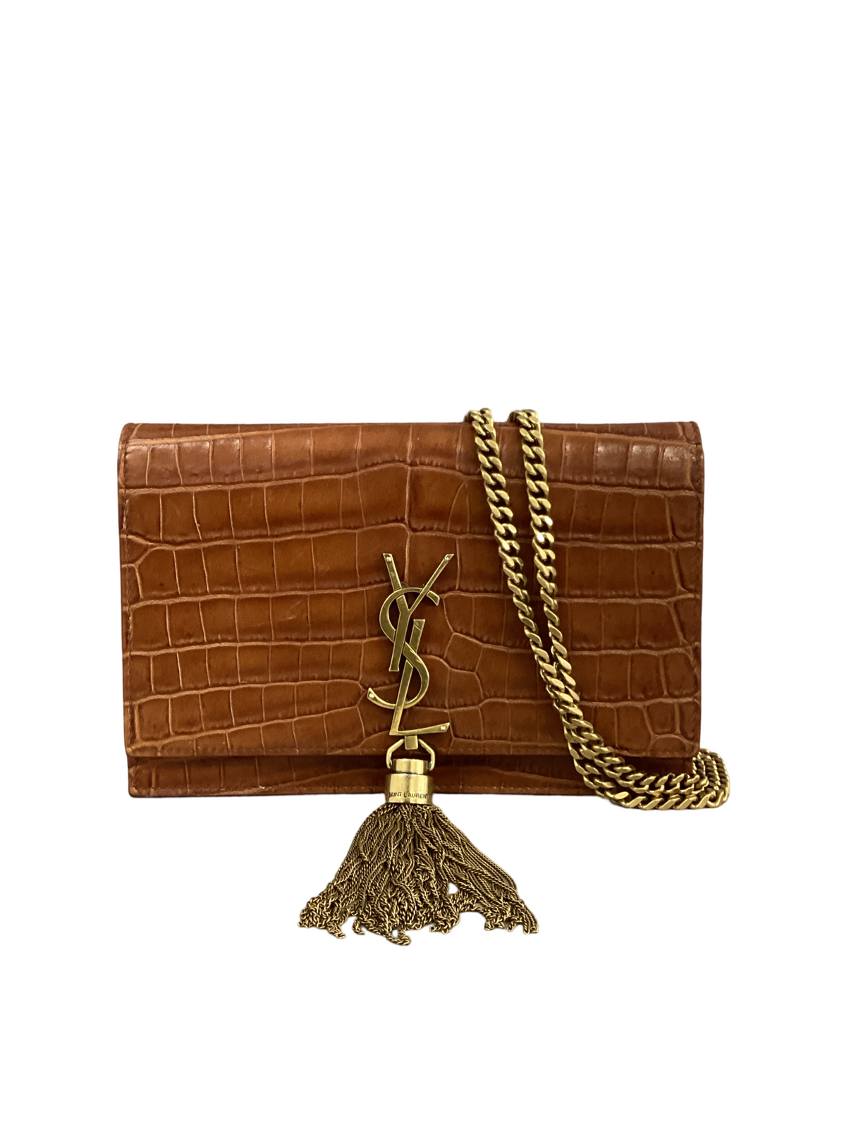 Saint Laurent (YSL) Tan Kate Crocodile Wallet on Chain