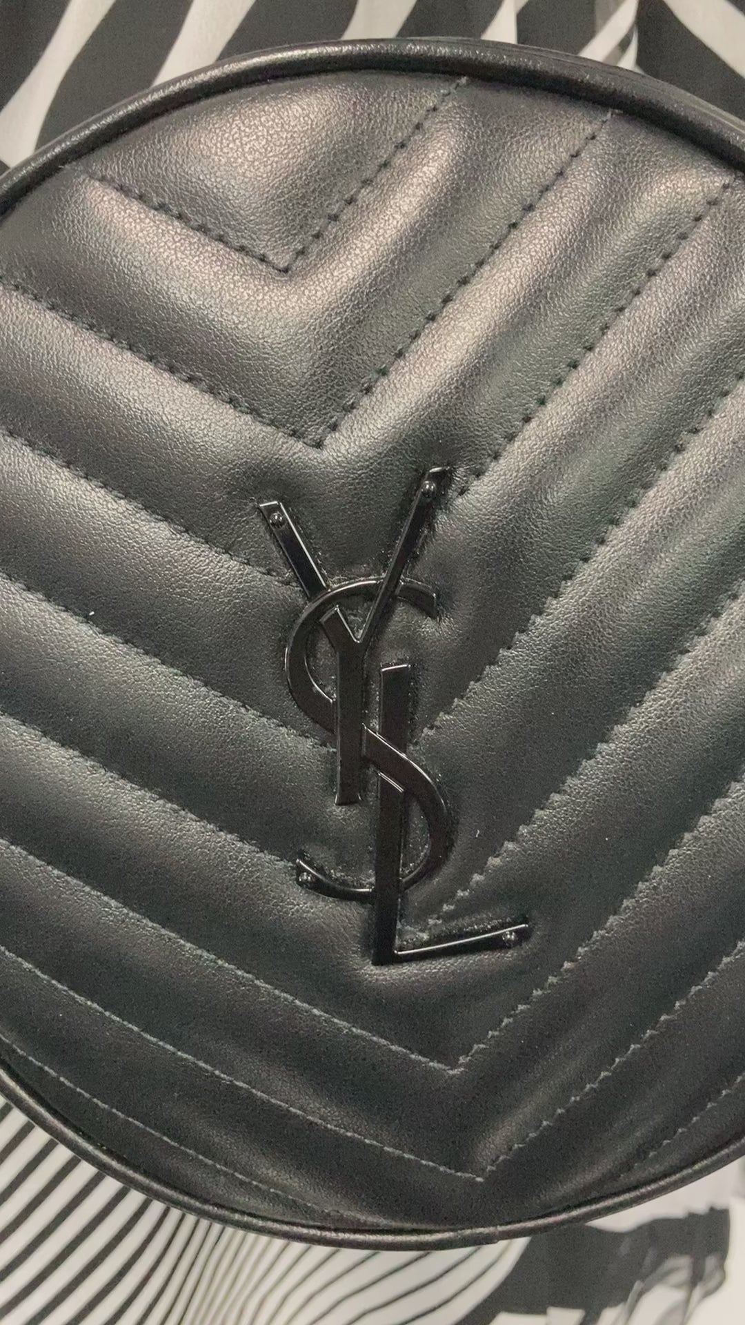Yves Saint Laurent (YSL) Black Chevron Quilted Vinyl Round
